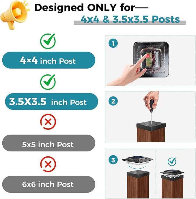 kolpop 4x4 Solar Post Cap Lights Outdoor 6Pack- 3 Color Temperatures& 2 Level Brightness, IP65 Waterproof, 16 LED Black Fence Deck Post Light Solar Powered for 4×4/3.5×3.5 Wood/Vinyl Posts