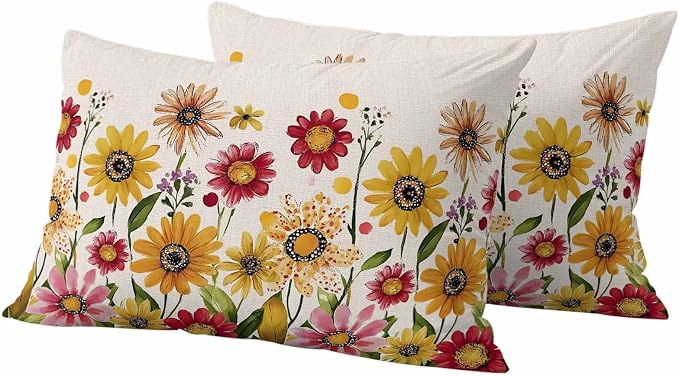 Yellow Red Spring Floral Outdoor Waterproof Throw Pillow Covers 20x12 Set of 2, Pastoral Summer Flower Rustic Decorative Pillowcases Cushion Pillowcase for Couch Sofa Patio Outside Pillow Protector