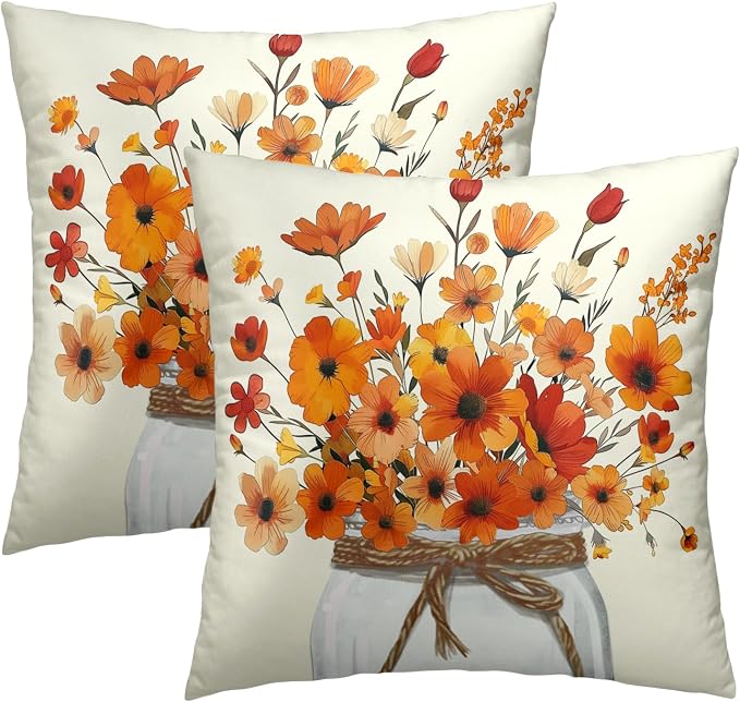 Orange Floral Throw Pillow Covers 22x22 Inch Set of 2, Colorful Autumn Fall Flowers Decorative Throw Pillowcase Cushion Cover Farmhouse Decor for Sofa Couch Bed