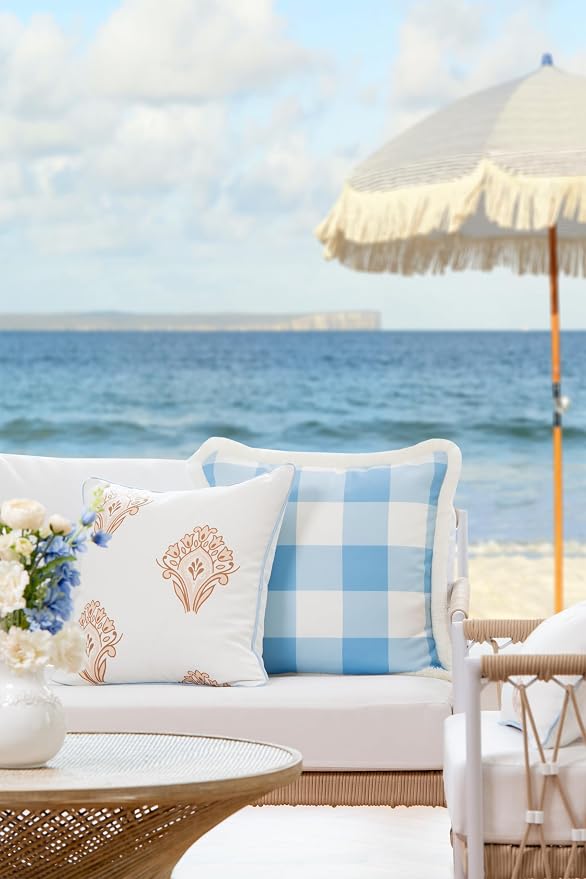 Hofdeco Premium Coastal Patio Indoor Outdoor Throw Pillow Cover Only, 20"x20" Water Repellent for Backyard, Couch, Baby Blue Tan Floral with Piping