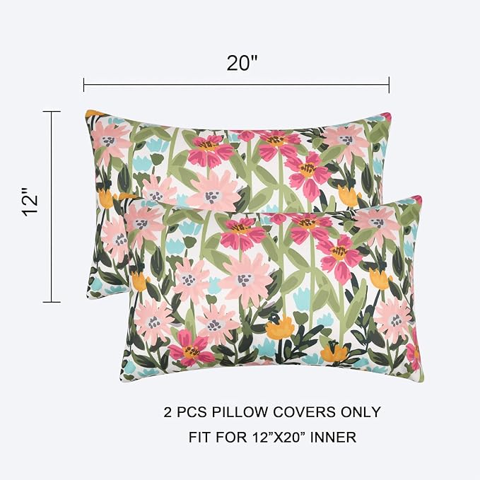 Pyonic Outdoor Pillows Cover Pack of 2 Floral Waterproof Throw Pillow Covers 12X20 inch Outdoor Lumbar Pillows for Patio Furniture Garden Outside Waterproof Throw Pillows