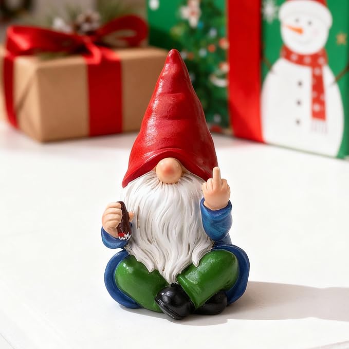 Middle Finger Gnome Statue 6.3in, Funny Smoking Garden Gnomes Yard Home Decoration - Hilarious Gag Birthday Gifts for Men Women, White Elephant Party - Indoor/Outdoor Decor