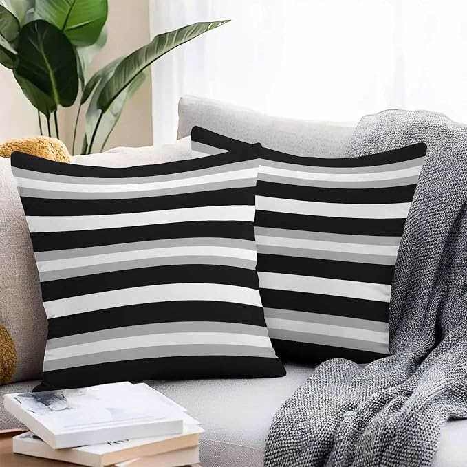 Black Grey Stripe Outdoor Pillow Covers Waterproof, All Weather Cushion Case Set of 2, Minimalist Farmhouse Striped Decorative Pillowcases for Sofa Couch Bed Decor Patio Furniture 16"x16"