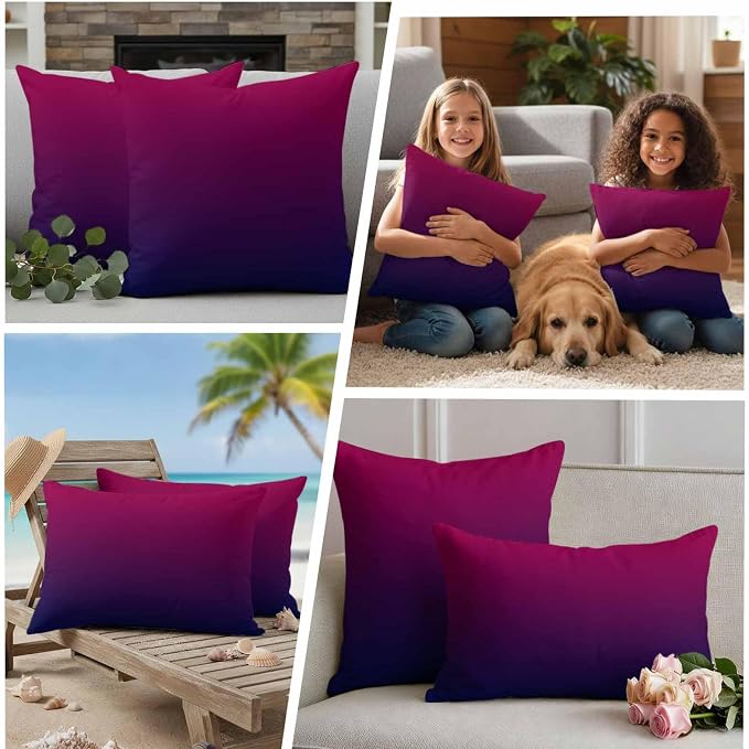 Outdoor Waterproof Pillow Covers Purple Burgundy Red Ombre Throw Cushion Case, Modern Color Gradient Pillowcase for Bed,Sofa,Couch, Patio Furniture, 18x18in, 2Pack Decorative Pillows Protector