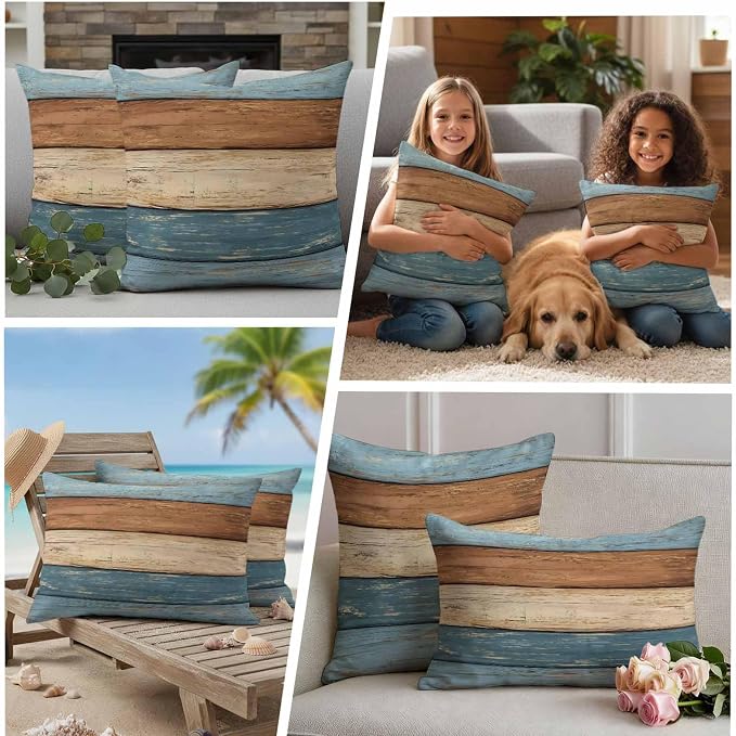 Farmhouse Blue Brown Outdoor Waterproof Pillow Covers, Vintage Wooden Striped Decorative Square Throw Pillowcase Sofa Cushion Sham for Patio/Couch/Chair, 24"x24" 2 Pack
