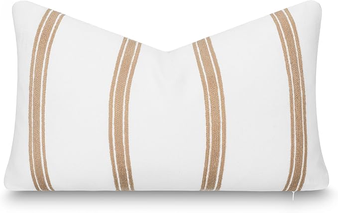 Modern Farmhouse California Casual Indoor Outdoor Lumbar Pillow Cover, 12"x20" Water Repellent for Patio, Backyard, Couch, Poolside, Neutral Ivory Cream Embroidered Stripes