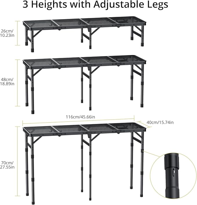Anbte 4 ft 4-Fold Portable Grill Table, 3 Adjustable Height Max 27.5" | Aluminum, Heat-Resistant Mesh Tabletop, Portable Handle, Waterproof, for Outdoor Cooking Patio BBQ Picnic, Black