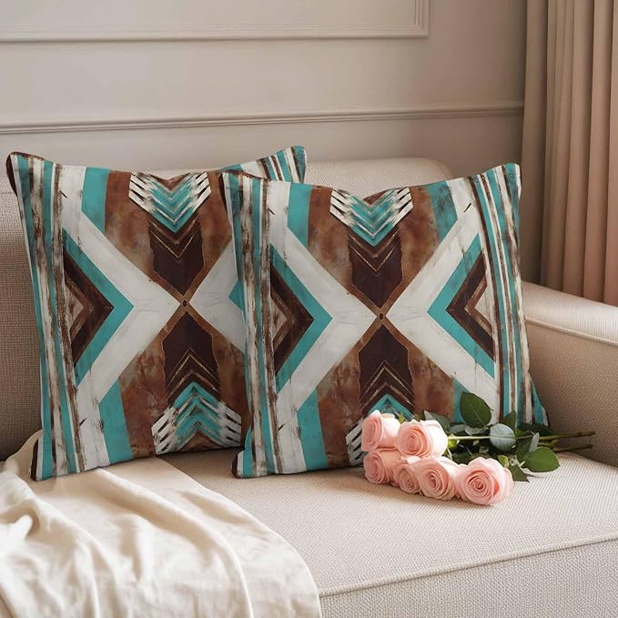 Aztec Southwestern Outdoor Pillow Covers 20"x20" Set of 2, Vintage Abstract Brown Turquoise Diamond Waterproof Throw Pillow Covers for Patio Furniture, Decorative Cushion Covers for Porch