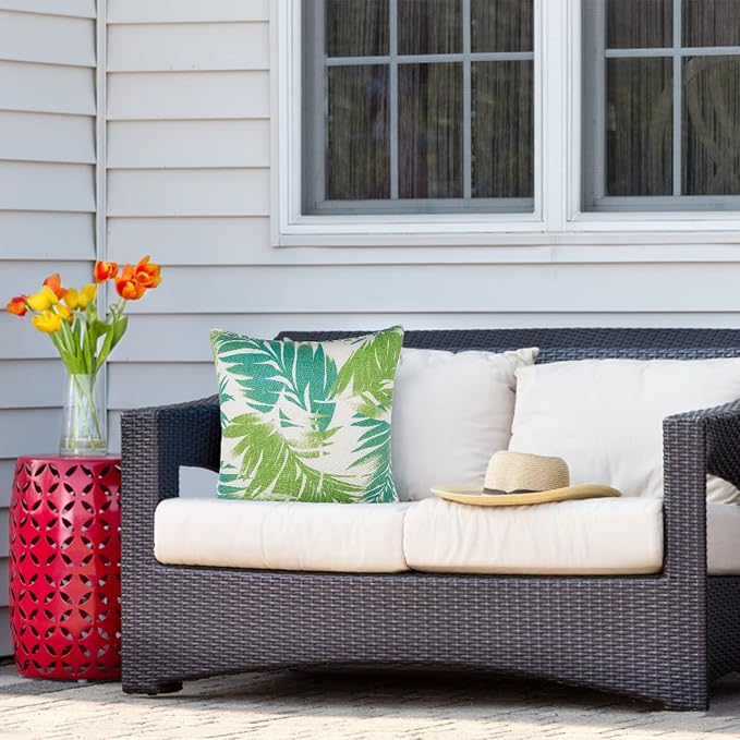 JMGBird 18x18 Teal Outdoor Pillow Leaf Pillow Green Outdoor Pillows | Outdoor Lumbar Pillows Set of 2 with Inserts Waterproof Throw Pillows for Patio Furniture