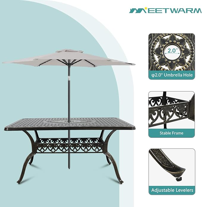 MEETWARM 60"x36" Cast Aluminum Patio Dining Table, Weather-Resistant Outdoor Dining Table for 6-8 Person, Patio Furniture Rectangular Table with Umbrella Hole and Adjustable Foot Pads, Dark Bronze