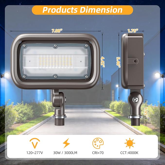 30W LED Outdoor Security Flood Lights,AC 120-277 Input | 100lm/W Efficacy,Super Bright LED Chips,7V×7H Beam Spread,180°Adjustable Knuckle Mount,IP65 Waterproof,4000K Color Temperatur