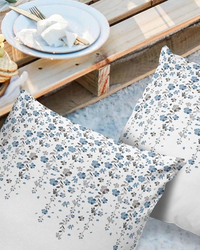Floral Outdoor Pillow Covers Pack of 2, Blue and Grey Flowers Waterproof Pillow Covers Seasonal Spring Summer Throw Pillowcase for Patio Funiture Garden Tent, 24 x 24 inch