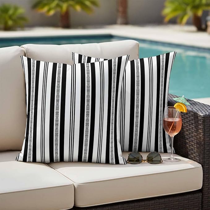 Black Striped Outdoor Waterproof Pillow Covers, Farmhouse Stripes Modern Geometric Decorative Square Throw Pillowcase Sofa Cushion Sham for Patio/Couch/Chair, 20"x20" 2 Pack