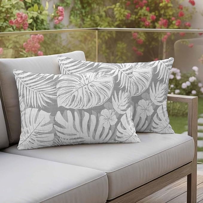 Light Grey Palm Leaves Outdoor Pillow Covers 20"x12" Set of 2, Tropical Botanical Modern Minimalist Waterproof Throw Pillow Covers for Patio Furniture, Decorative Cushion Covers for Porch
