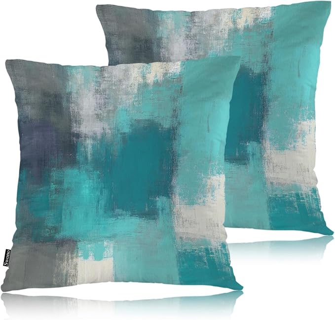 Swono Abstract Painting Throws Pillows Covers for Couch, Graffiti Turquoise Grey Brush Decorative Pillow Cases for Men Women, Comfortable Pillow Cushion Cover Pack of 2 18"X18" for Home Sofa Bed