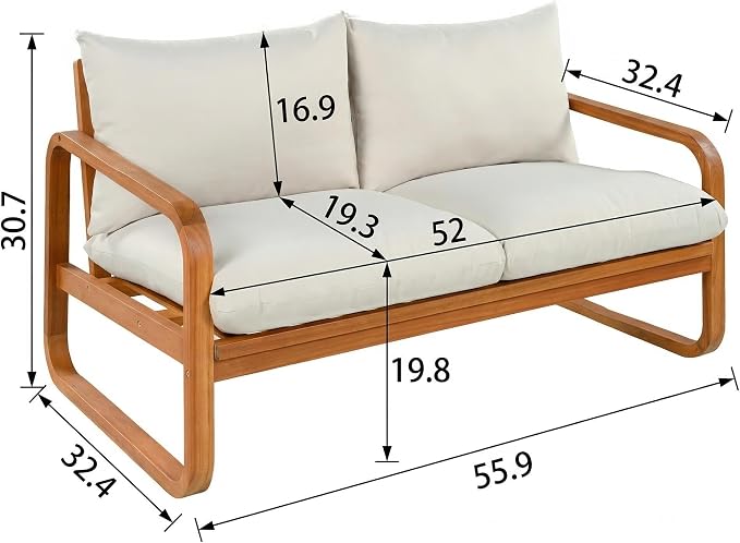 Merax Outdoor 4-Piece Acacia Wood Conversation Set - Patio 2-Seat Loveseat Sofa w/Cushion, 2 Armchair and Square Coffee Table for Backyard, Lawn, Balcony, Beige + Natural