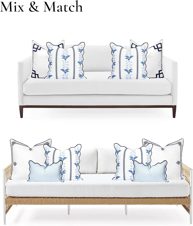 Hofdeco Premium Coastal Hampton Patio Indoor Outdoor Throw Pillow Cover Only, 20"x20" Water Repellent for Backyard, Couch, Poolside, Azure Navy Blue Print Watercolor Striped Lily of the Valley