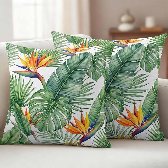 Tropical Plants Outdoor Pillow Covers 20x20 Inch Throw Pillow Covers Set of 2 Waterproof Decorative Pillow Cases Summer Palm Leaves Monstera Green Cushion Covers for Patio Furniture Garden Couch Sofa