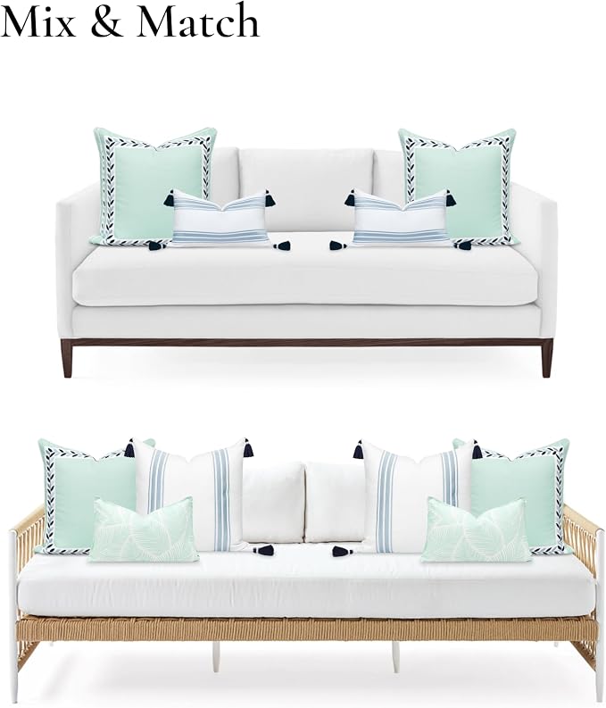 Hofdeco Premium Coastal Patio Indoor Outdoor Throw Pillow Cover Only, 20"x20" Water Repellent for Backyard, Couch, Aqua Embroidered Frame Leafs with Piping
