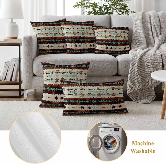Western Aztec Outdoor Pillow Covers 18"x18" Set of 2, Brown Turquoise Tribal Ethnic Geometric Waterproof Throw Pillow Covers for Patio Furniture, Decorative Cushion Covers for Porch