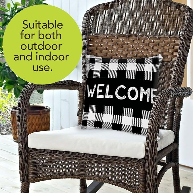 Briarwood Lane Winter Indoor/Outdoor Pillow 17x17 Black Checkered Welcome Everyday Decorative for Winter Pillow