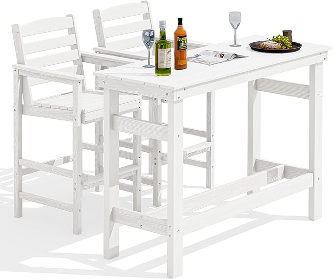SERWALL Outdoor Bar Set - 2 Adirondack Bar Chairs & Bar Height Table with 1.6" Umbrella Hole, All-Weather HDPE Patio Furniture for Poolside, Backyard, Garden - White