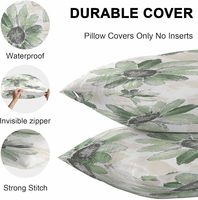 Vandarllin Outdoor Throw Pillows Covers 24x24 inch Set of 2 Waterproof Green Sunflower Decorative Zippered Cushion Covers for Patio Furniture, Floral Field Lumbar Pillowcases