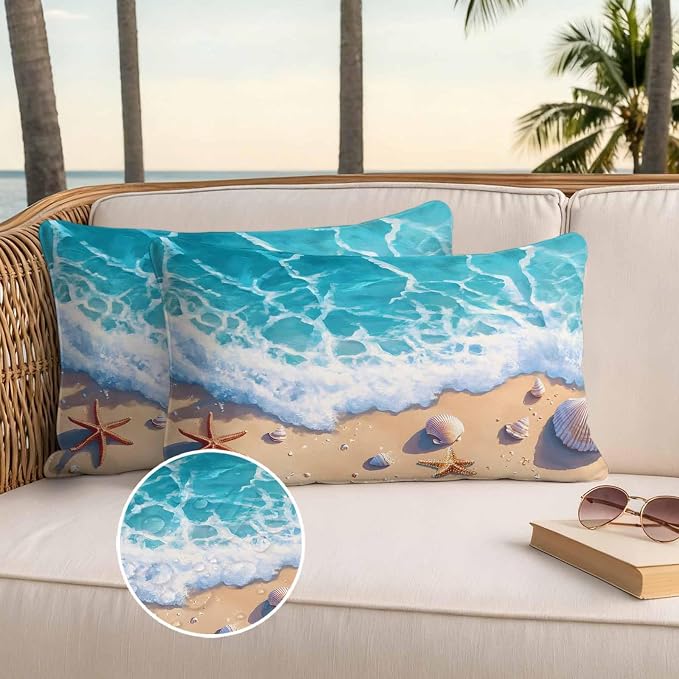 Ocean Beach Waterproof Outdoor Pillow Covers Set of 2 Home Decor, Coastal Nautical Starfish Shells Sea Waves Pillowcase Patio Pillow Covers for Couch Bench Furniture Garden 20x12in