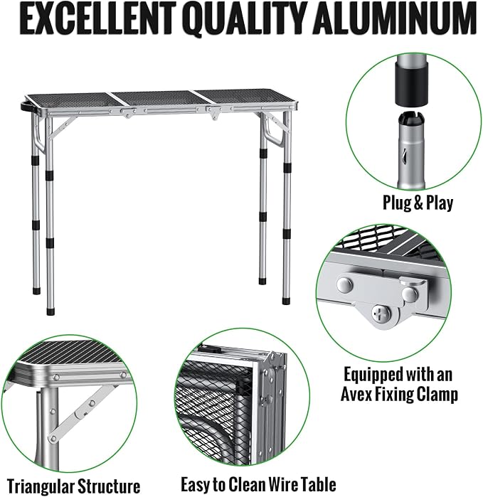GARLLEN Folding Grill Table, 3 Adjustable Height Portable BBQ Table with Heat-Resistant Mesh Tabletop, Lightweight Aluminum Camping Tables for Outdoor, Grill, Picnic, 34.2" L x 15.7" W, Silver