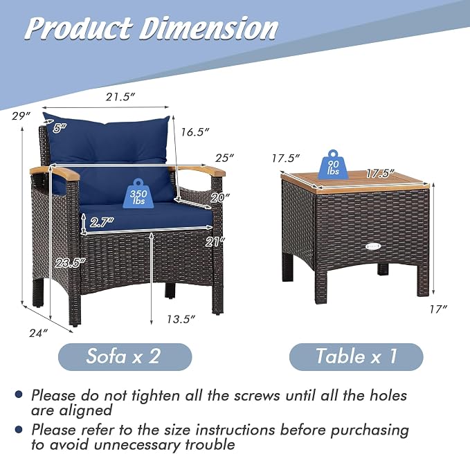 HAPPYGRILL 3 Pieces Patio Rattan Conversation Set, Outdoor PE Wicker Furniture Set Bistro Set with Coffee Table, Soft Seat Cushions & Throw Pillows, Acacia Wood Sofa Set for Patio Courtyard Poolside