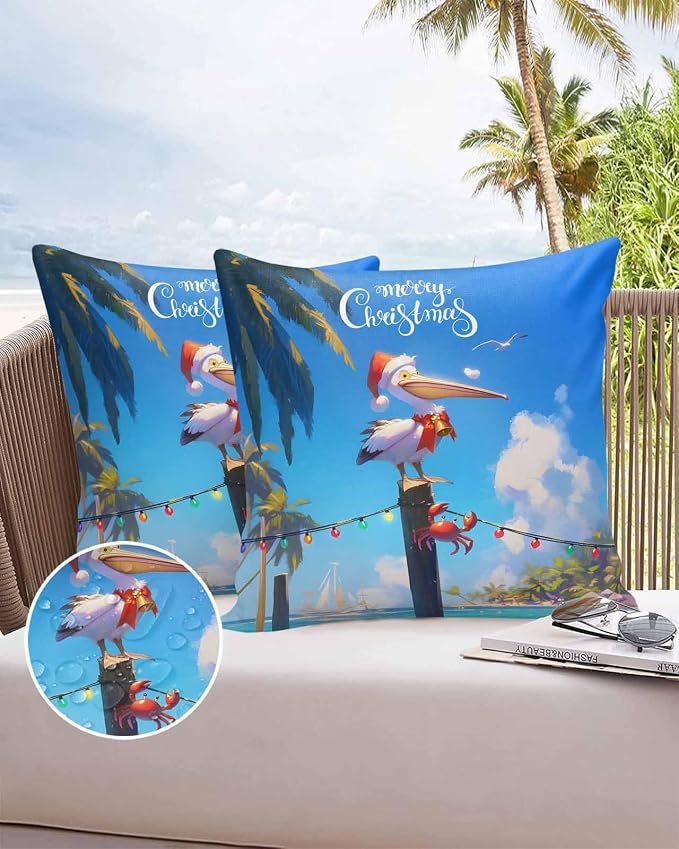 Vandarllin Christmas Outdoor Throw Pillows Covers 20x20 inch Set of 2 Waterproof Pelican Crab Decorative Zippered Cushion Covers for Patio Furniture, Palm Trees Beach Blue Sky Lumbar Pillowcases