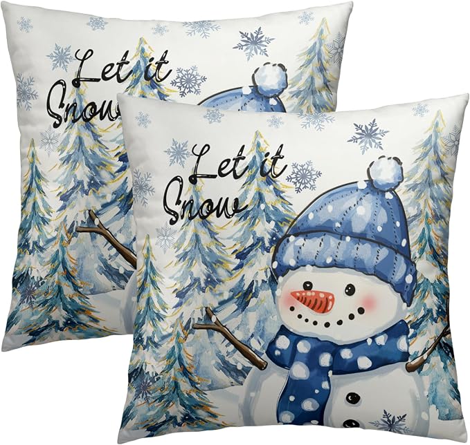 Winter Throw Pillow Covers Set of 2, 16x16 Inch – Snow Snowman Pine Trees Holiday Cotton Hidden Zipper Pillowcases for Couch Sofa Bed Porch Farmhouse Seasonal Home Decor