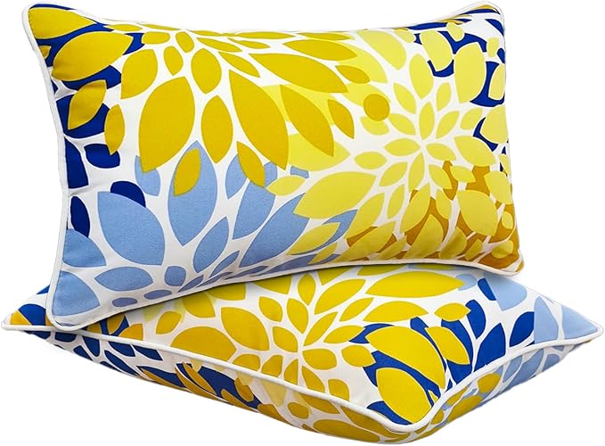 JMGBird Yellow Outdoor Pillows Waterproof 12x20 Throw Pillows with Inserts | Blue & Yellow Pattern UV Fade Resistant Patio Cushions