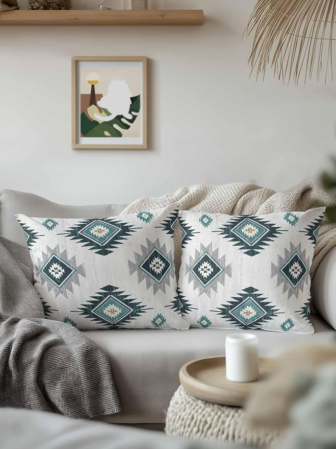 Waterproof Outdoor Pillow Set of 2 Turquoise Boho Aztec Decorative Throw Pillows Cover & Insert 16x16 Inch Pillowcase Southwest Tribal Style Pillows for Couch Sofa Bed Patio Furniture Indoor Outdoor