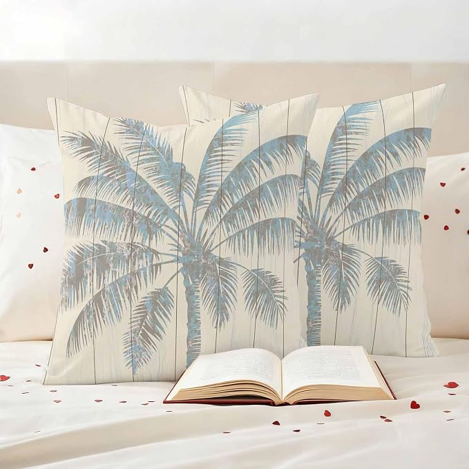 Summer Palm Trees Waterproof Outdoor Pillow Covers 26''x26'' Set of 2, Summer Wood Grain Patio Furniture Vintage Cushion Covers for Chairs, Decorative Blue Tropical Pillow Cases for Garden/Pool/Beach