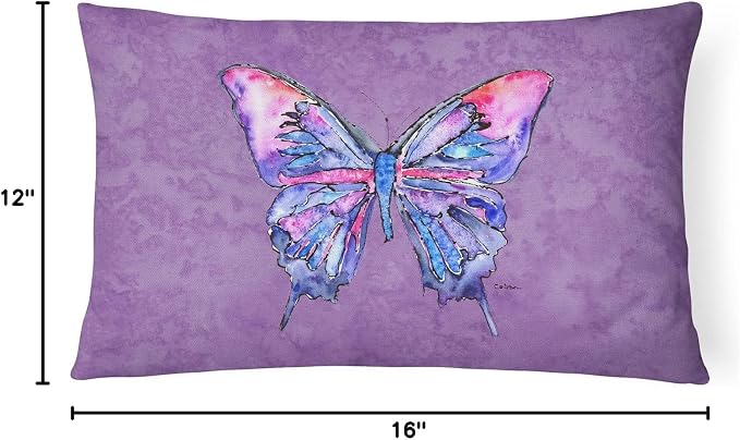 Caroline's Treasures 8860PW1216 Butterfly on Purple Canvas Fabric Decorative Pillow Machine Washable, Indoor Outdoor Decorative Pillow for Couch, Bed or Patio, 12HX16W