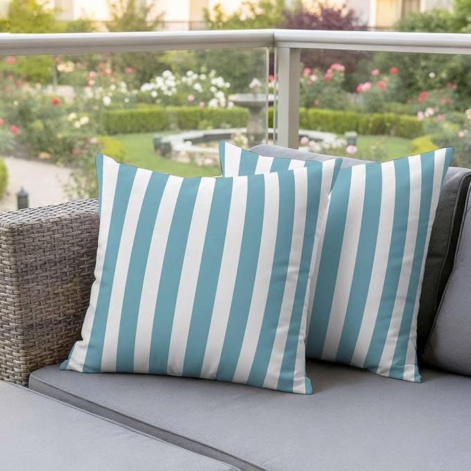 Aqua Striped Outdoor Waterproof Throw Pillow Covers 16x16 Set of 2, Modern Farmhouse Blue White Stripes Decorative Pillowcases Cushion Pillowcase for Couch Sofa Patio Outside Pillow Protector
