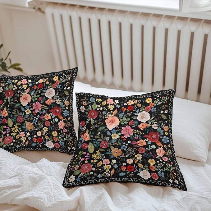 Vandarllin Outdoor Throw Pillows Covers 24x24 inch Set of 2 Waterproof Black Floral Decorative Zippered Cushion Covers for Patio Furniture, Farmhouse Vintage Flower Lumbar Pillowcases