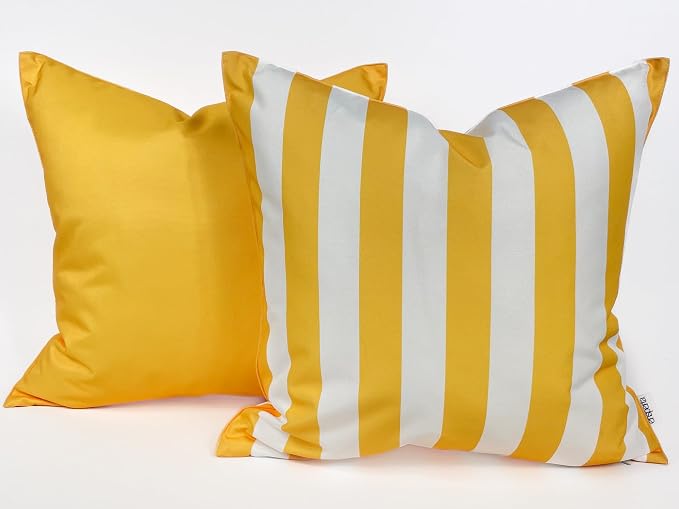 Pack of 2 Solid and Stripe 20''x20'' Outdoor Waterproof Yellow Throw Pillow Covers Decorative Square Cushion Patio Pillows for Patio Furniture (Samoan Sun)