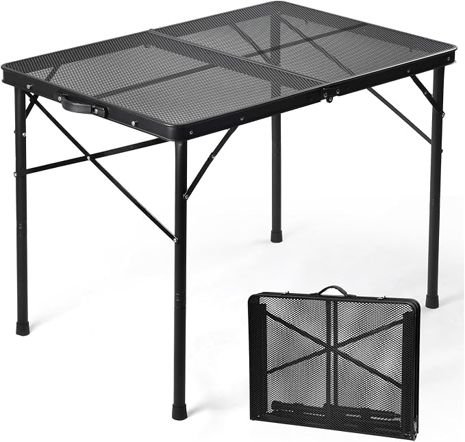 3 ft Folding Table with Adjustable Height, Camping Table with Carry Handle, Metal Mesh Table ,Portable Grill Table for Camping, Tailgating, BBQ, Picnic & Indoor, Fits 3–6 People, Supports 66 lb, Black