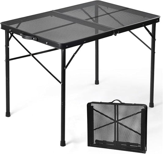 3 ft Folding Table with Adjustable Height, Camping Table with Carry Handle, Metal Mesh Table ,Portable Grill Table for Camping, Tailgating, BBQ, Picnic & Indoor, Fits 3–6 People, Supports 66 lb, Black