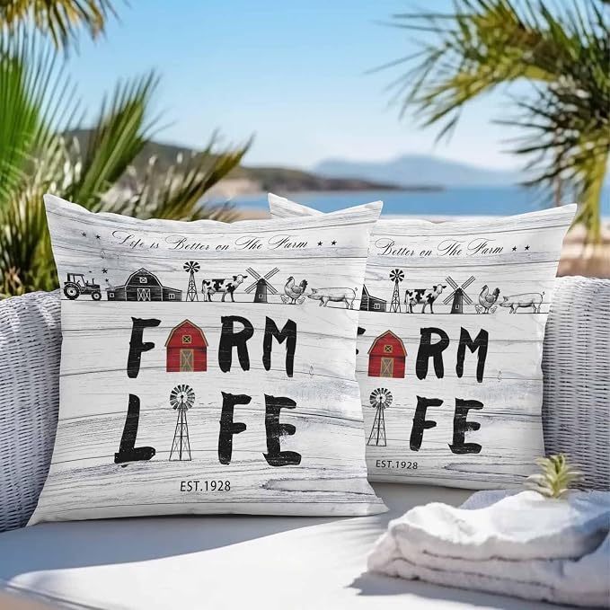Outdoor Throw Pillows Covers 18x18 inch Set of 2 Waterproof Farm Life Decorative Zippered Cushion Covers for Patio Furniture, Farmhouse Barn Windmill Cow Chicken Tractor Wood Lumbar Pillowcases