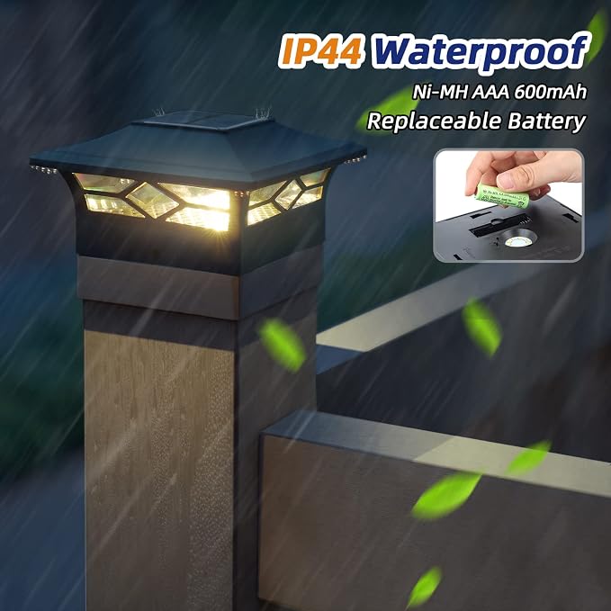 APONUO Solar Post Cap Lights, 4x4 Black Plastic Outdoor Waterproof Lights, Warm White/Cool White LEDs, Fence/Deck Decor, Garden Lighting