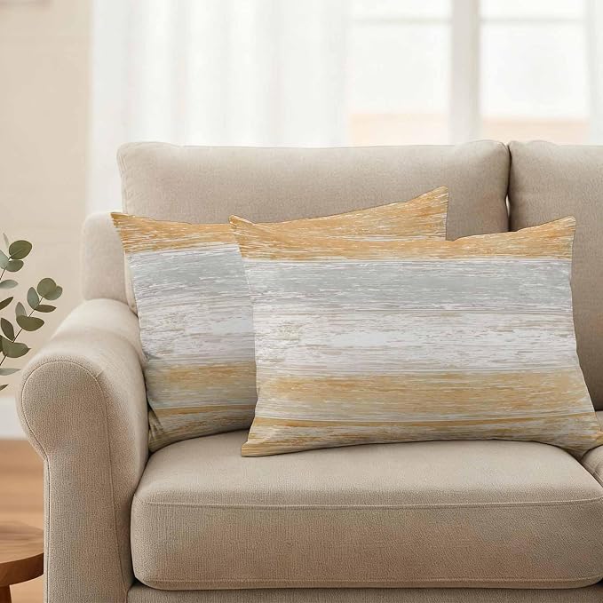 Outdoor Waterproof Throw Pillow Covers, Vintage Orange Grey Decorative Pillow Cases, Farmhouse Barn Wooden Striped Couch Pillow Protector Patio Sofa Cushion Covers Replacement 20"x12" 2 Pack