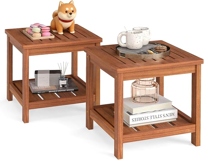 HAPPYGRILL 2-Tier Outdoor Wood Side Table with Storage Shelf, Patio Wooden End Table, Farmhouse Accent Nightstand, for Garden Yard Porch Deck Living Room (2)