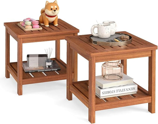 HAPPYGRILL 2-Tier Outdoor Wood Side Table with Storage Shelf, Patio Wooden End Table, Farmhouse Accent Nightstand, for Garden Yard Porch Deck Living Room (2)