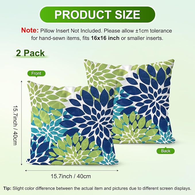 M METERXITY 2-Pack Pillow Cover 16x16 Linen, Blue Green | Water Resistant Floral Decor Slipcover, for Patio, Balcony, Garden, Outdoor Pillow Case