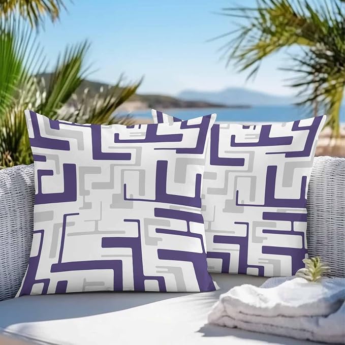 Vandarllin Outdoor Throw Pillows Covers 24x24 inch Set of 2 Waterproof Purple Geometric Stripes Decorative Zippered Cushion Covers for Patio Furniture, Modern Abstract Lines Lumbar Pillowcases