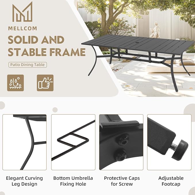 MELLCOM 83''x38'' Outdoor Dining Table for 8, Extra Large Metal Patio Dining Table with 1.57'' Umbrella Hole, Black Rectangular Table for Porch, Garden, Backyard, Poolside, Lawn