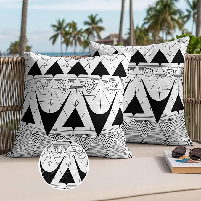 Throw Pillow Covers 26x26 Inch Set of 2, Black White Geometric Waterproof Outdoor Pillow Covers, Vintage Art Striped Decorative Cushion Pillowcases for Couch, Sofa, Bed, Garden, Patio